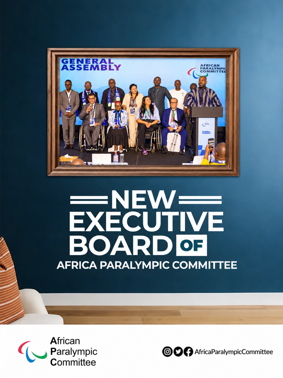 AfPC announcement artwork featuring the Executive Board group photograph in a decorative frame.