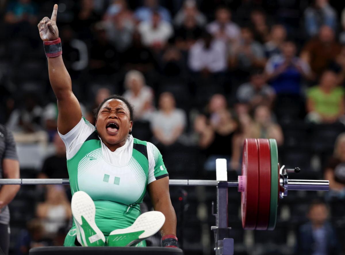 Onyinyechi Mark celebrates at Paris 2024.