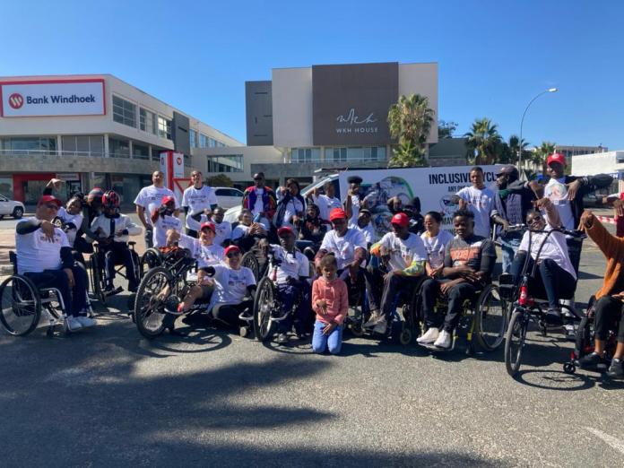 Namibian handcycling participants gather for a photograph.