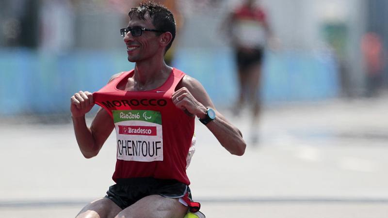 Chentouf celebrates on the track.