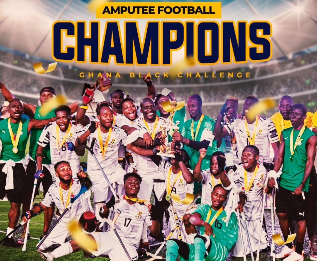 A celebration image of Ghana’s Black Challenge published with WAFF’s report on the Accra 2023 amputee football title.