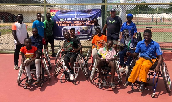 Junior wheelchair tennis players and support staff pictured in Graphic Online’s report on training at Cape Coast.