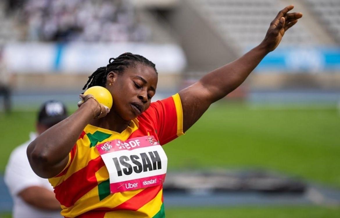 Zinabu Issah prepares a shot put throw in the photograph accompanying GBC’s April 2025 report on her Marrakech Grand Prix silver.