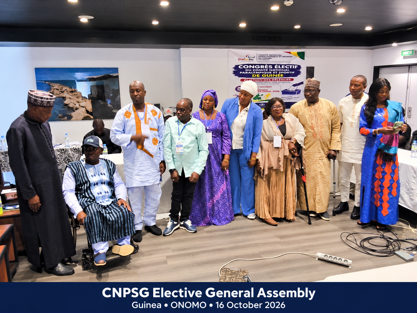 Delegates and participants gather for a group photograph at the CNPSG elective General Assembly, held at ONOMO on 16 October 2026. The congress re-elected Seydou Doumbouya as President.