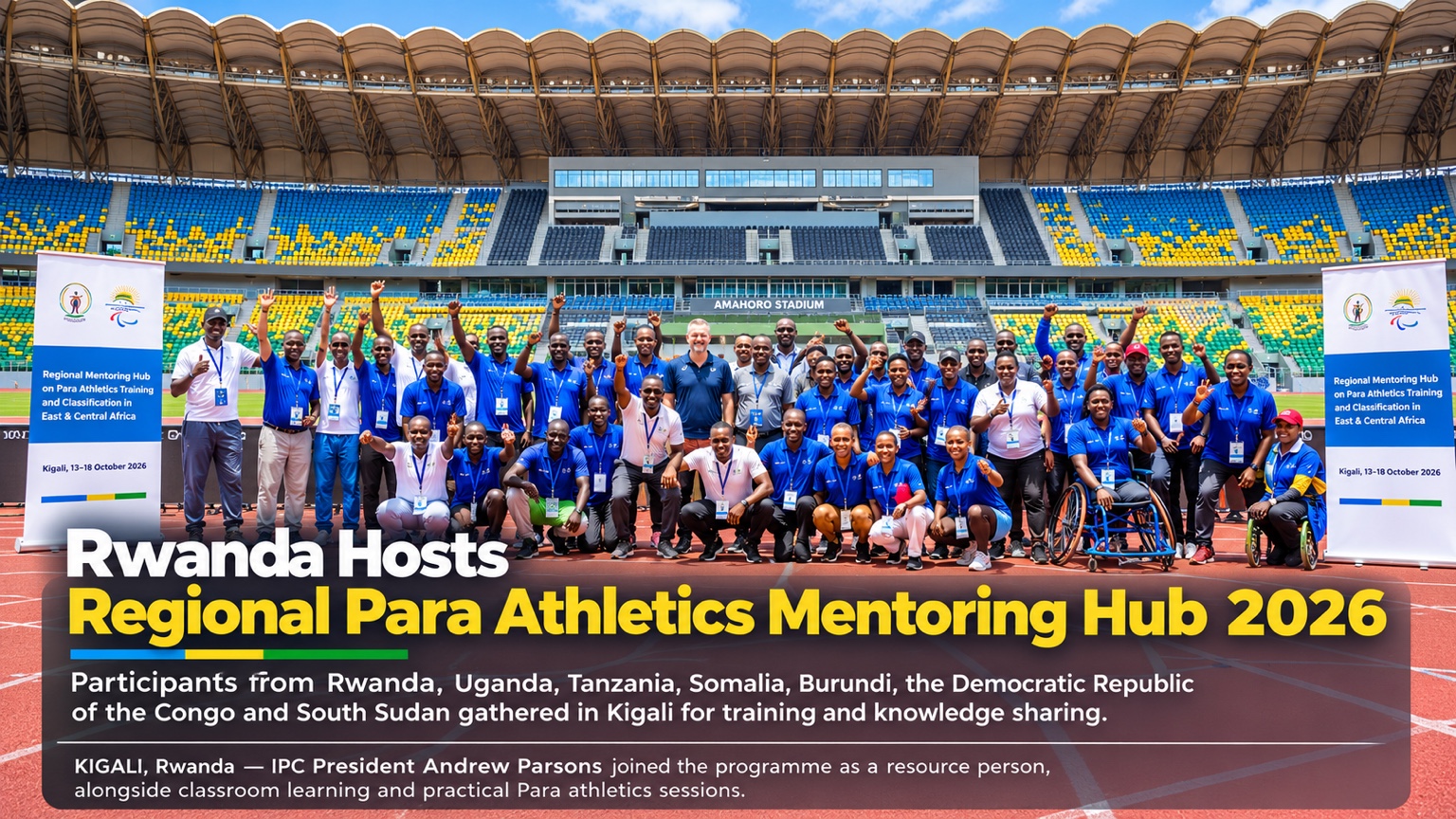 Participants gathered on the track at Amahoro Stadium in Kigali.