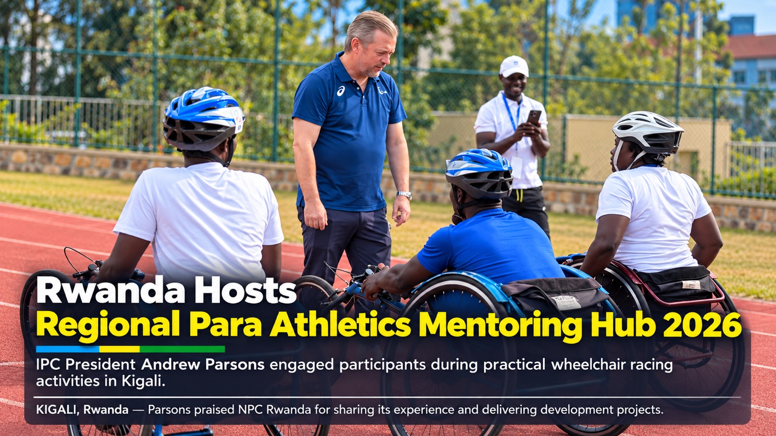 IPC President Andrew Parsons with participants during a wheelchair racing activity.